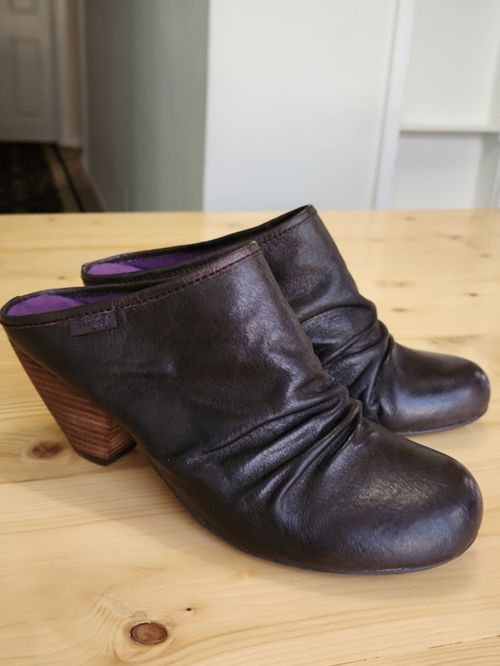 Blowfish Malibu Mule Clogs Ruched Brown Leather Heeled Slouch 8.5